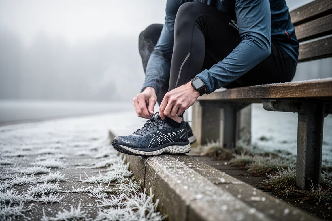 Corredor amarrando um tênis de treino maximalista em uma manhã fria de inverno