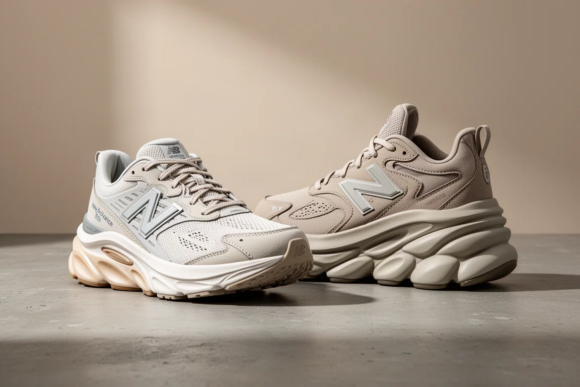 Two New Balance high-stack running shoes side by side on concrete
