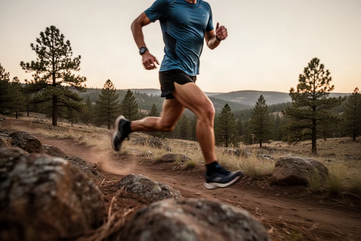 Trailrunner in voller Bewegung auf einem schnellen Singletrail-Abschnitt in der Abenddämmerung
