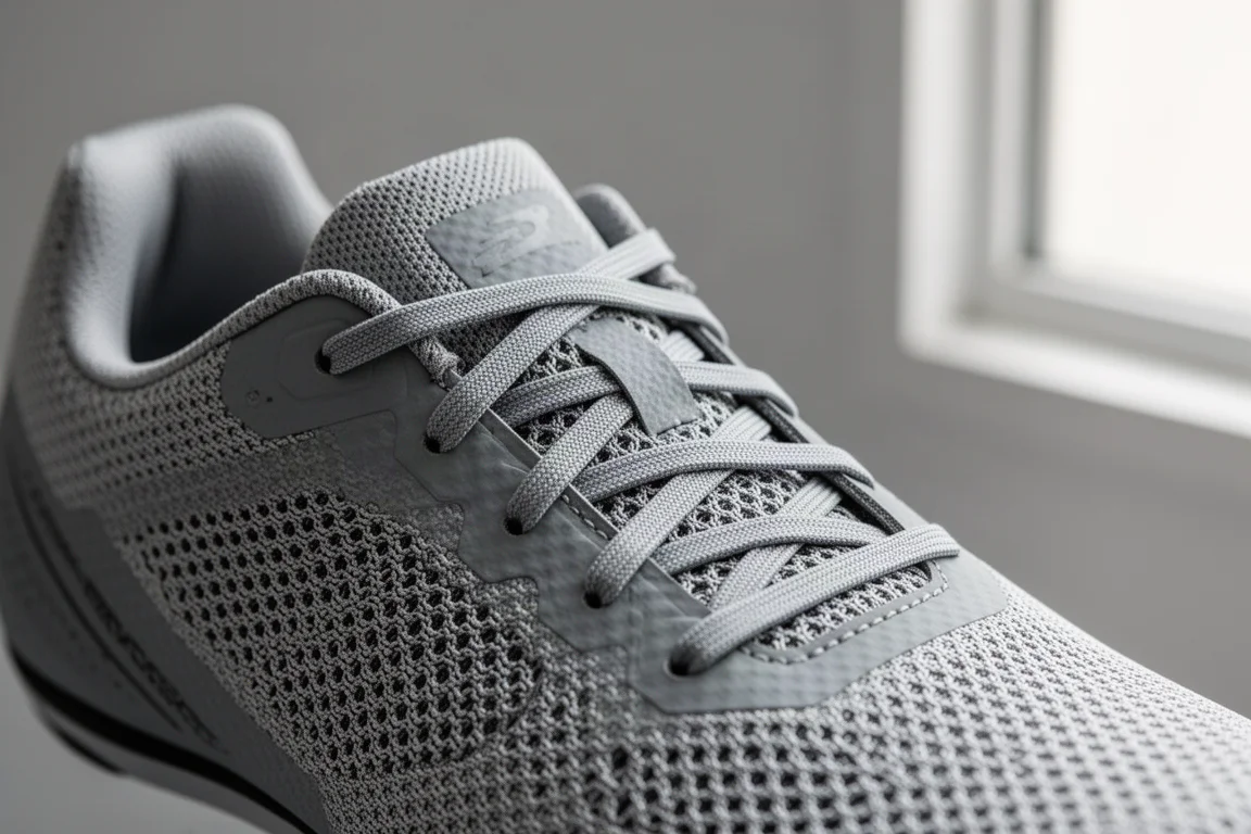 Close-up of the engineered mesh upper and flat laces of a carbon racing shoe