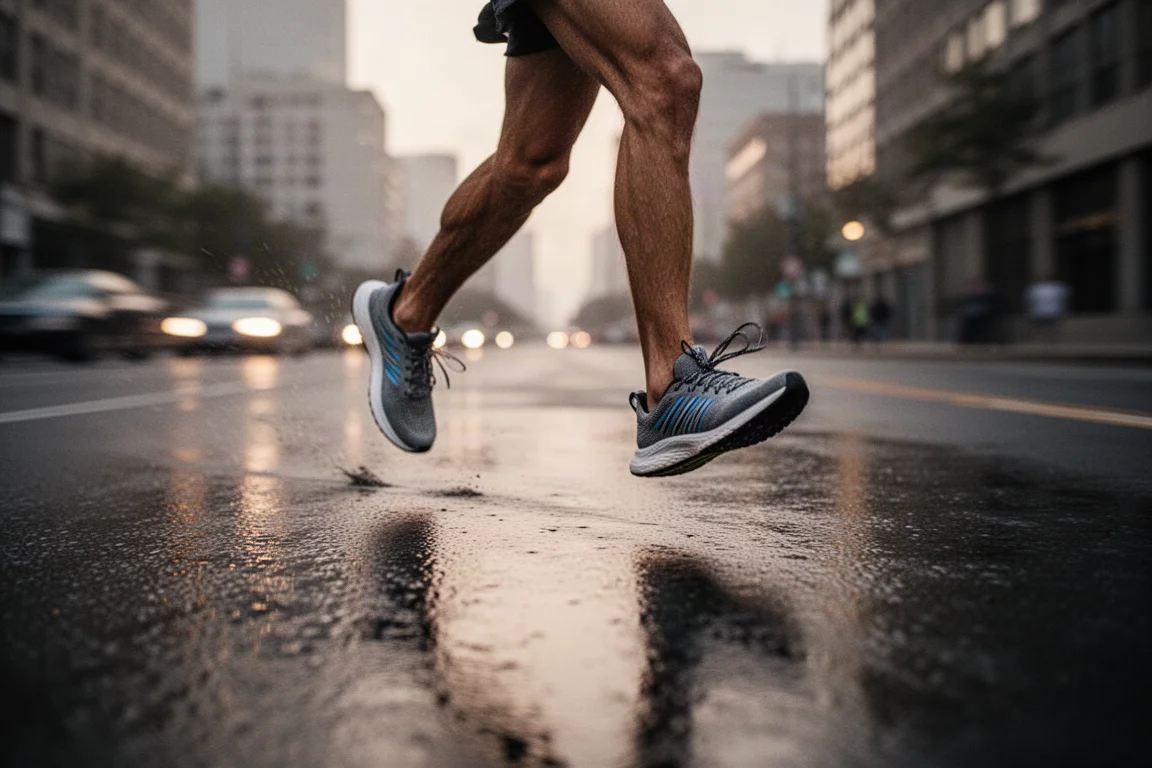 Runner's feet mid-stride on wet tarmac during a tempo run