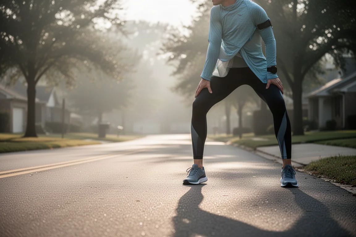 Runner stretching beside a road before an early morning marathon-pace session