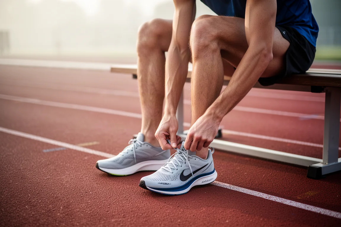 Corridore che allaccia scarpe da gara leggere su una pista prima dell'allenamento