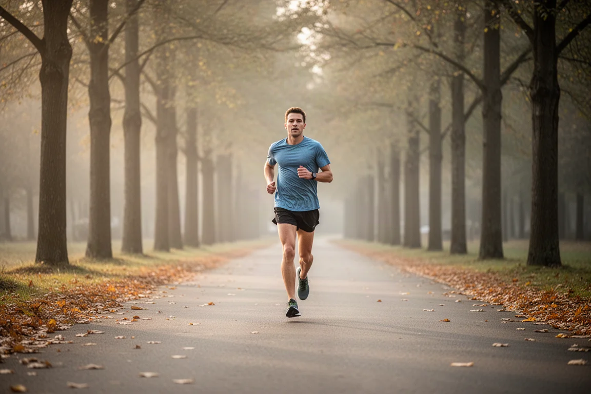 Corridore che corre a ritmo di defaticamento su un tranquillo sentiero alberato
