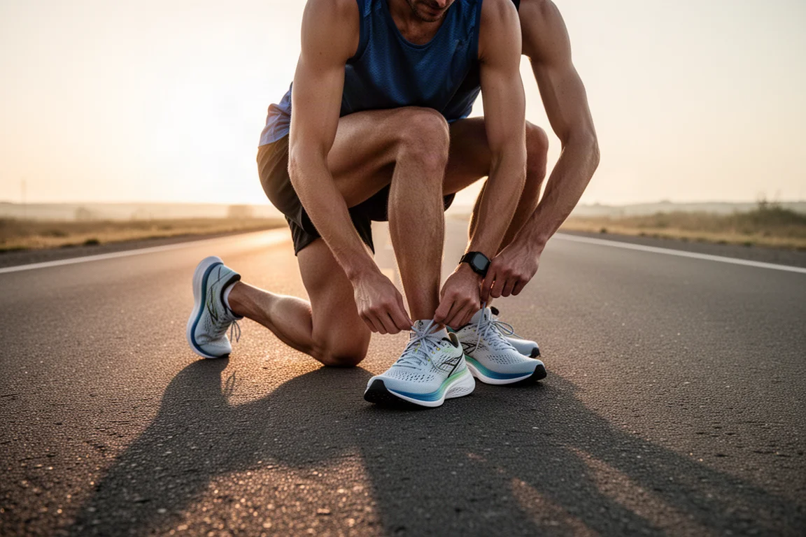 Runner lacing up lightweight racing shoes before a fast training session
