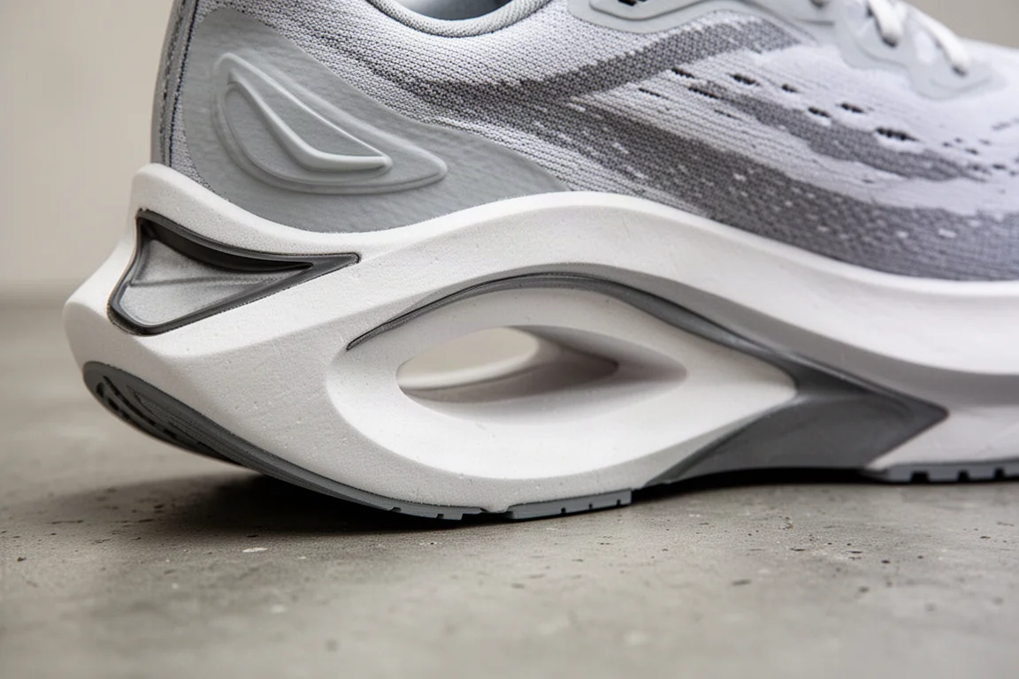 Close-up of a thick midsole showing the carbon plate and sculpted foam
