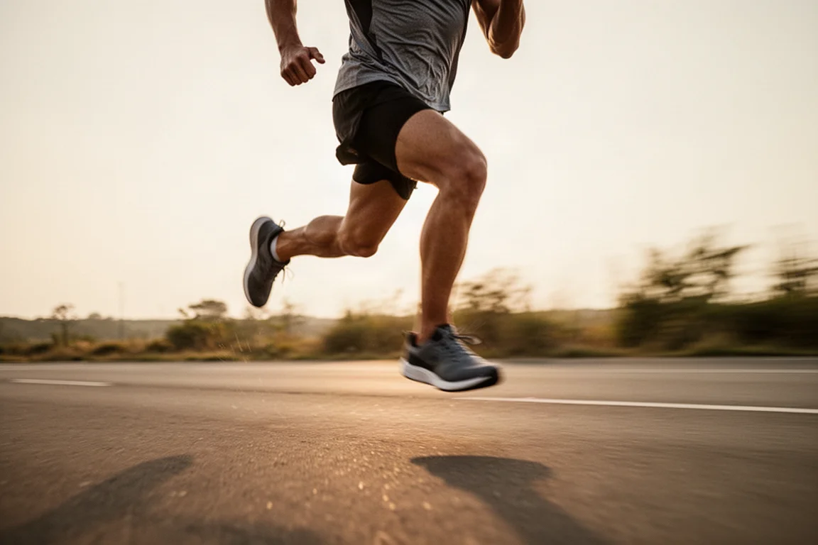 Runner mid-stride on a smooth road with high cadence