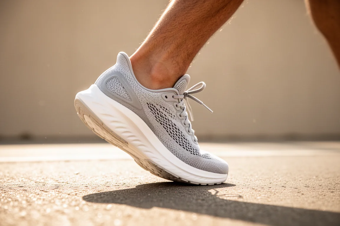 Coureur attachant les lacets d'une chaussure de running légère sur un trottoir urbain ensoleillé