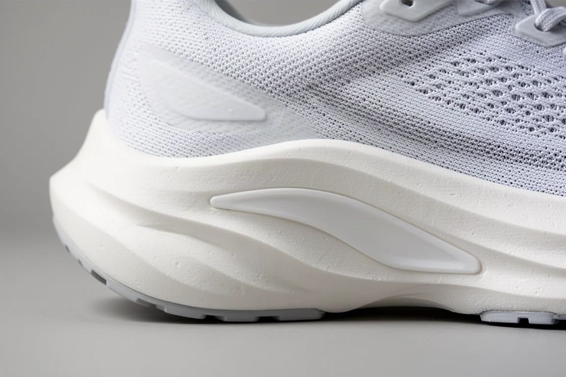 Gros plan sur la semelle intermédiaire blanche et la structure de plaque d'une chaussure de running