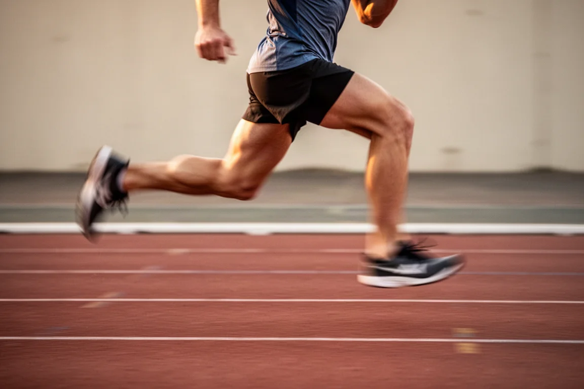 Athlète effectuant des répétitions rapides sur une piste d'athlétisme rouge par temps clair