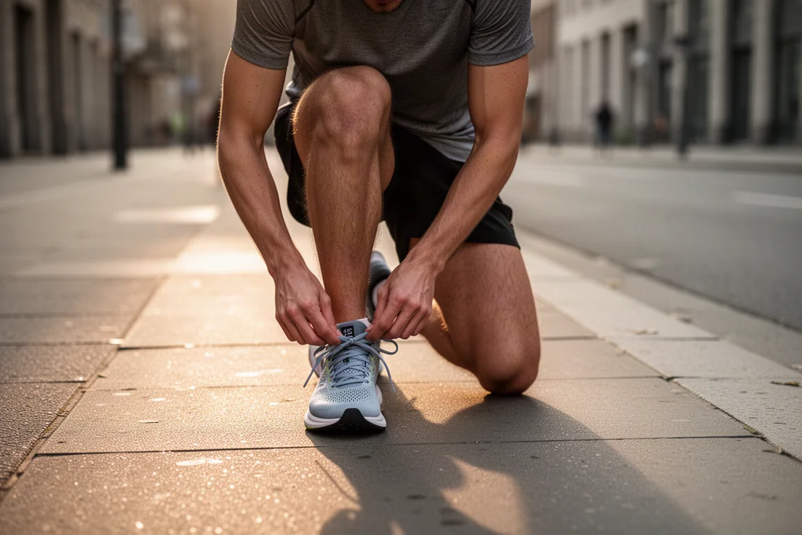 Un corridore allaccia un paio di super trainer leggeri su un marciapiede cittadino all'alba