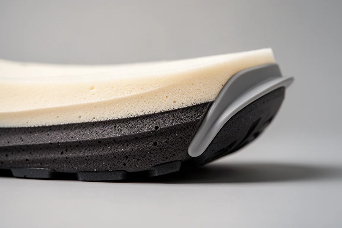 Primo piano della suola intermedia a schiuma stratificata di una scarpa da running