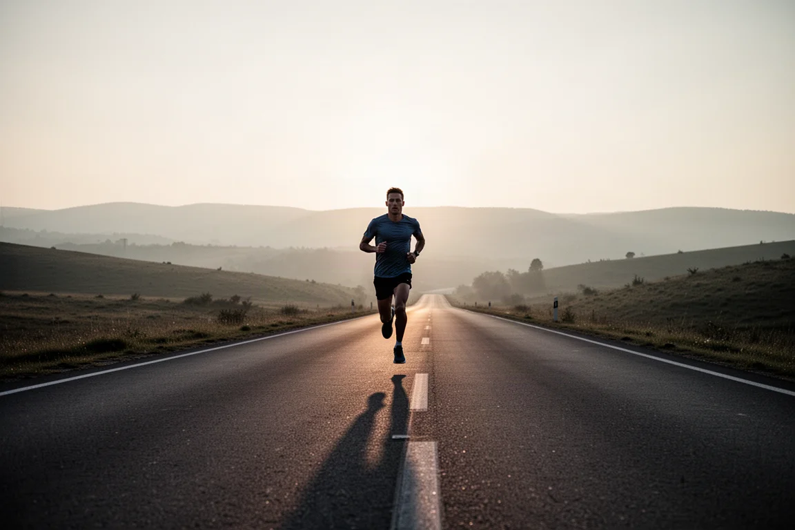 Un corridore durante un lungo mileggio costante su strada aperta al tramonto