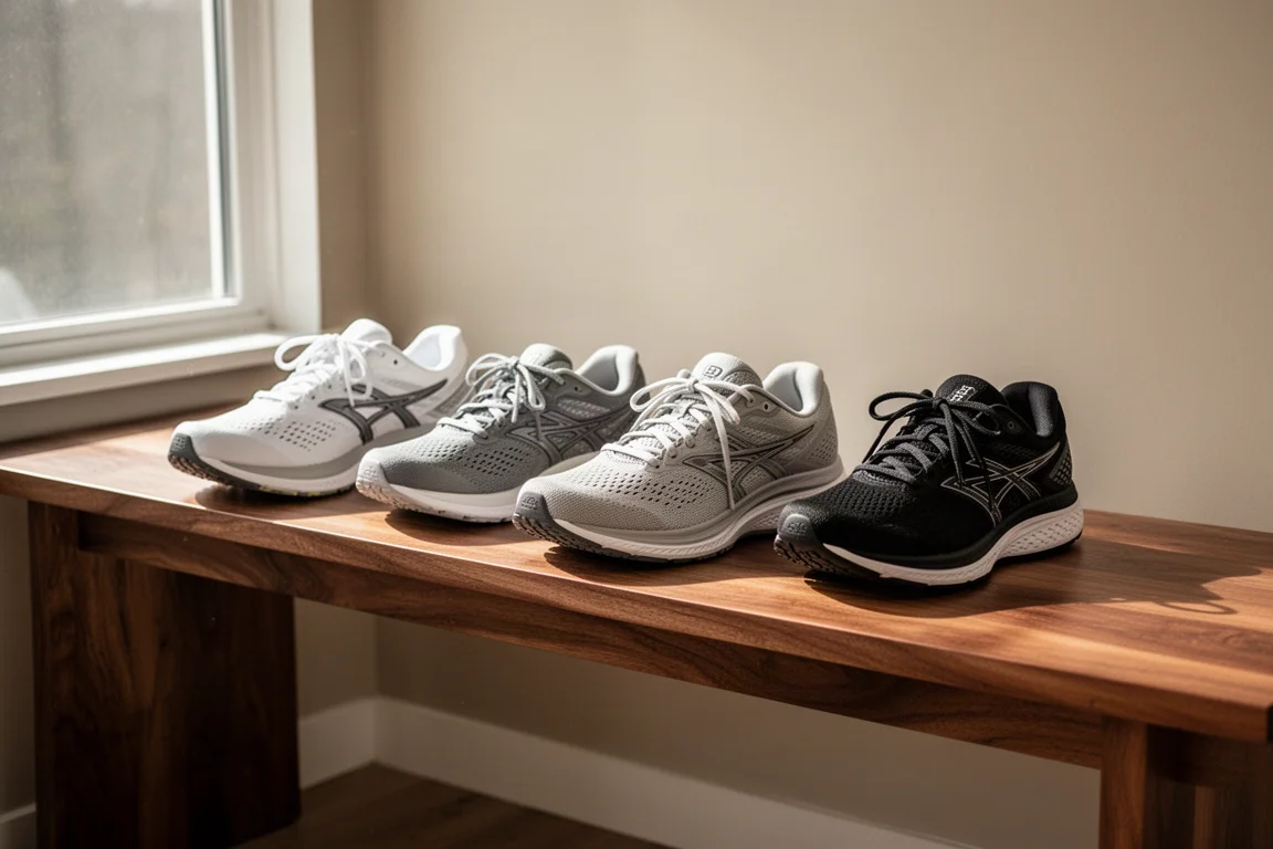 Una collezione di scarpe da running disposte su una panca di legno in luce soffusa