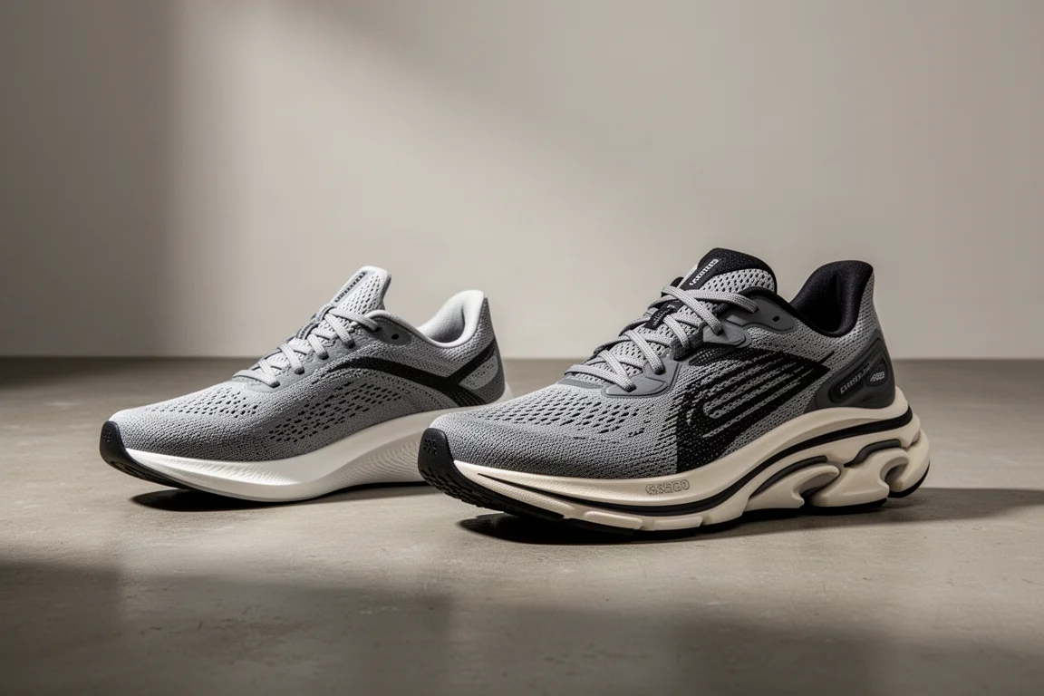 Two running super trainers side by side on a concrete studio floor
