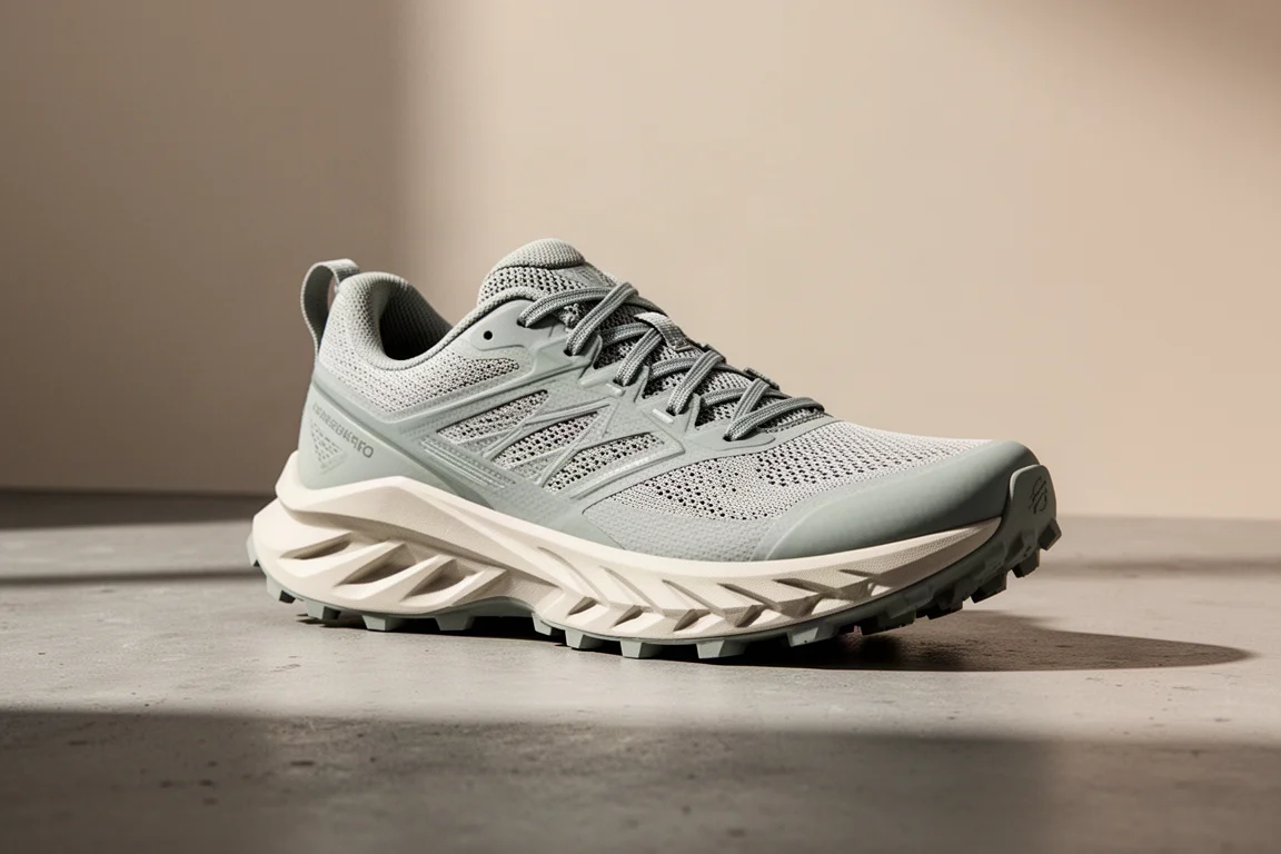 New Balance SuperComp Trail 越野跑鞋擺放在水泥地面上