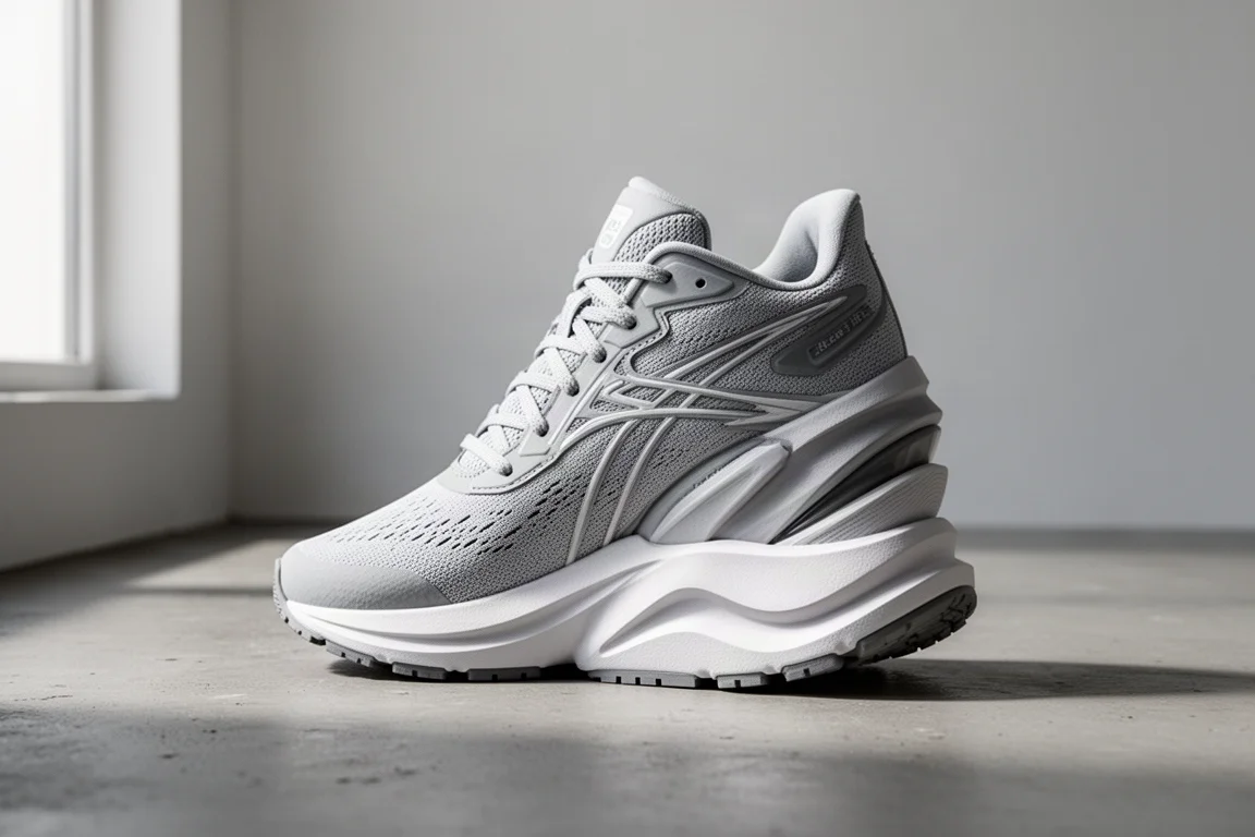 Tall-stacked grey and white running shoe on a matte concrete surface
