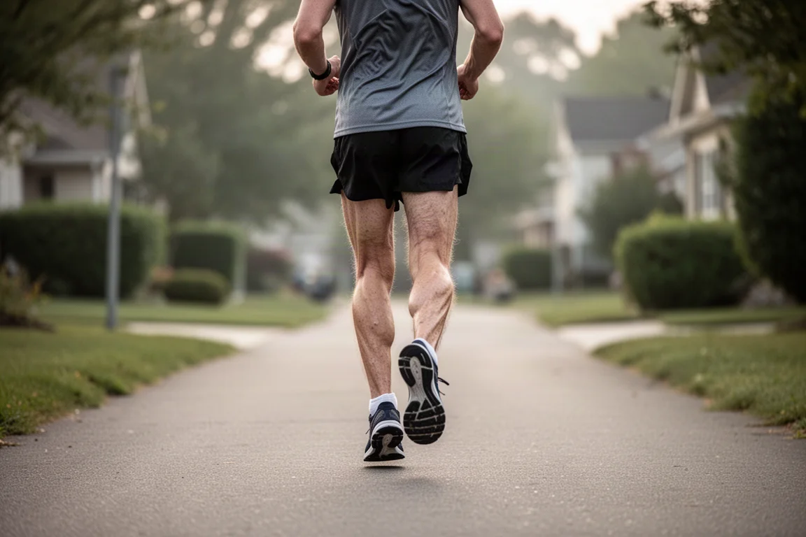 Hardloper registreert lange rustige kilometers op een rustig verhard pad