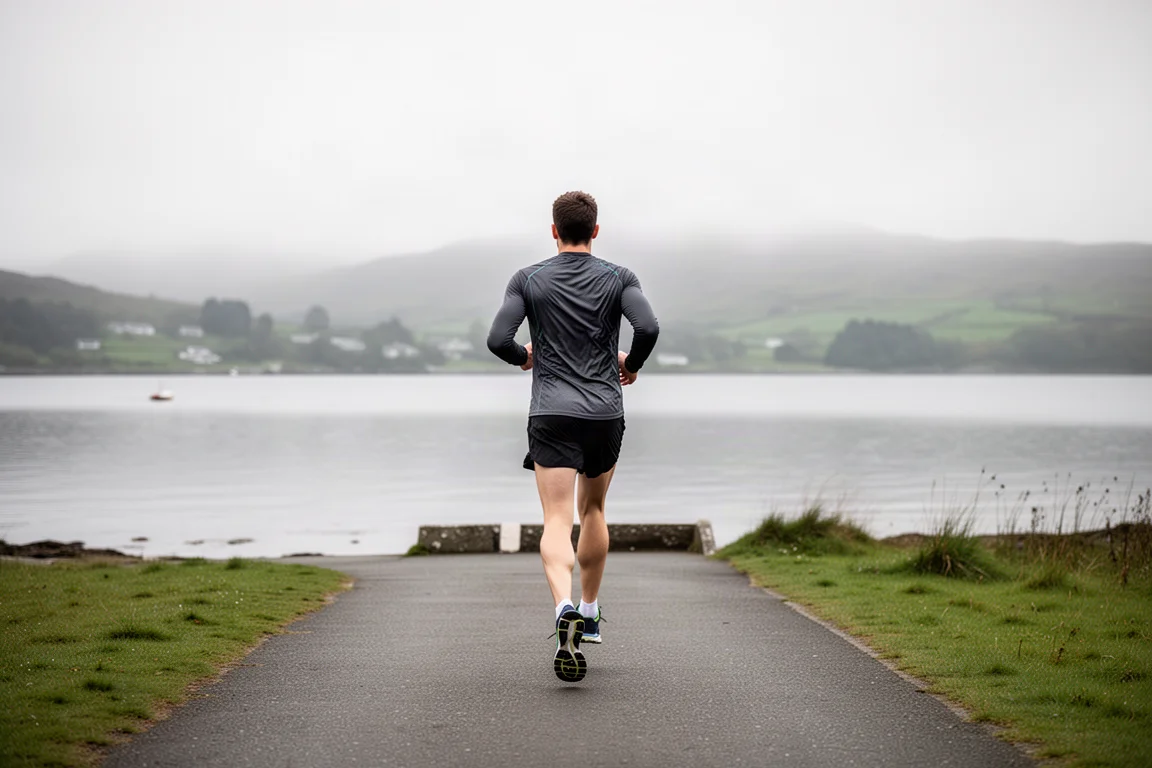 Runner starting an easy run on flat paths near a Scottish waterfront