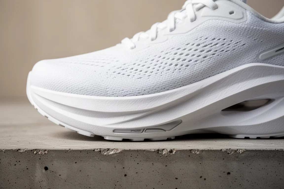 Close-up of a thick foam midsole with visible carbon plate geometry