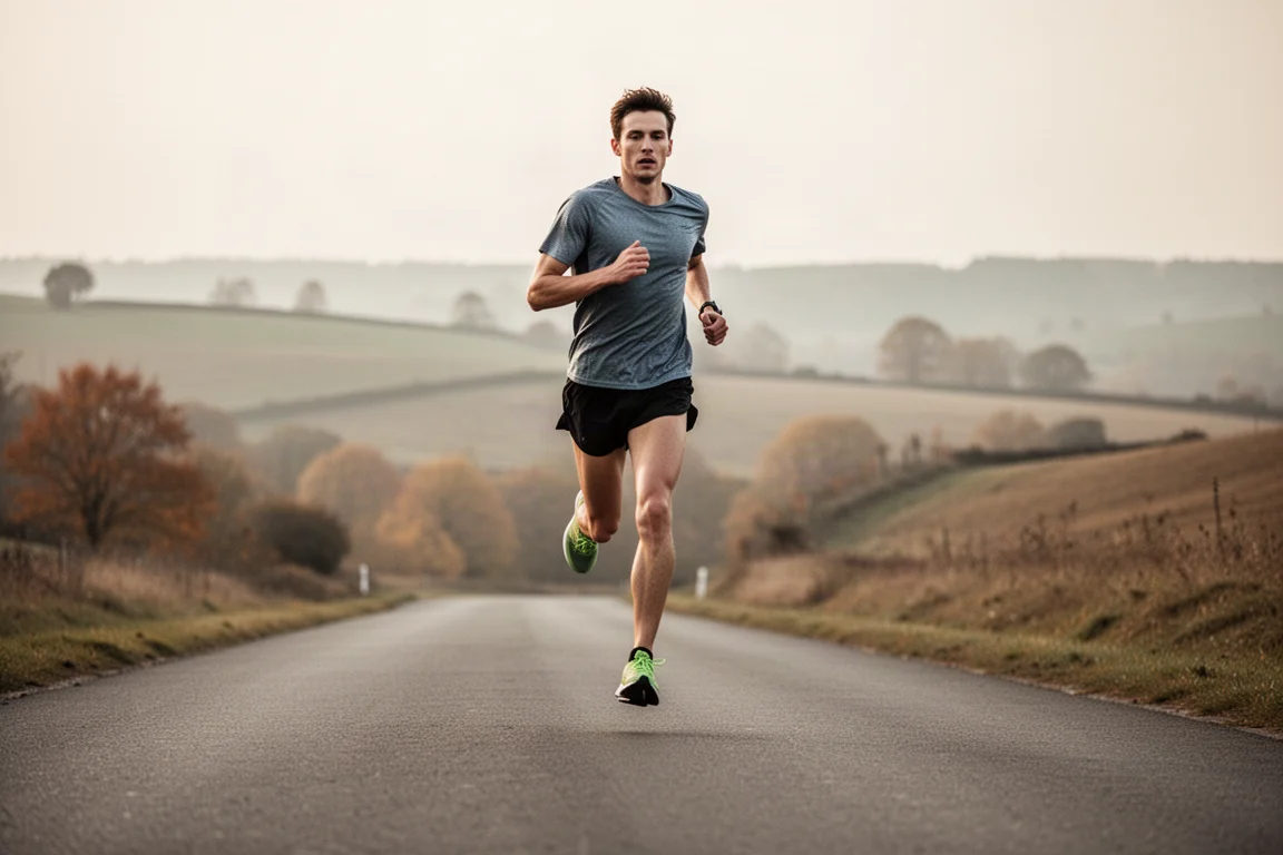Runner cruising through steady miles on a quiet country road