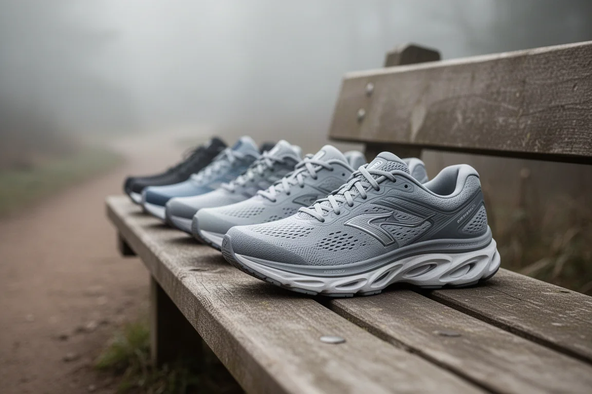 Running shoes lined up on a bench before a long training run