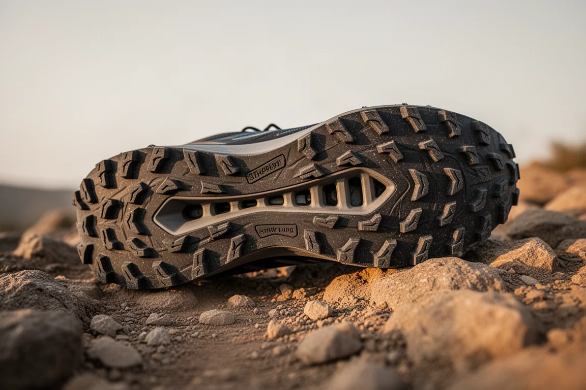 Djupt mönstrad Vibram-terrängsula som vilar på stenig terräng