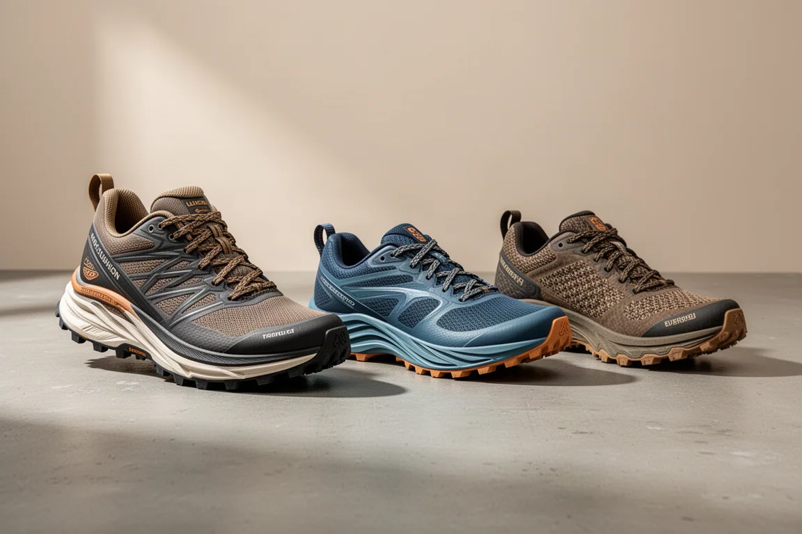 Three New Balance trail running shoes lined up on a concrete surface