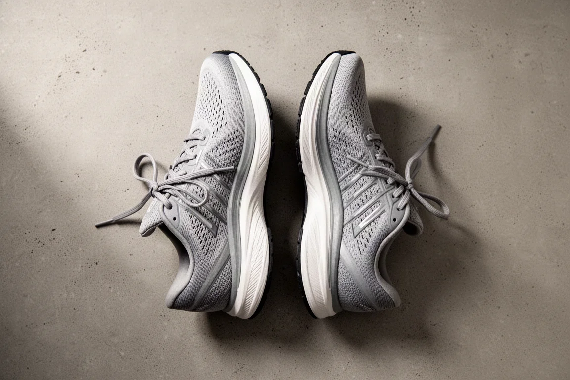 Two tall-stacked running shoes side by side on a concrete surface