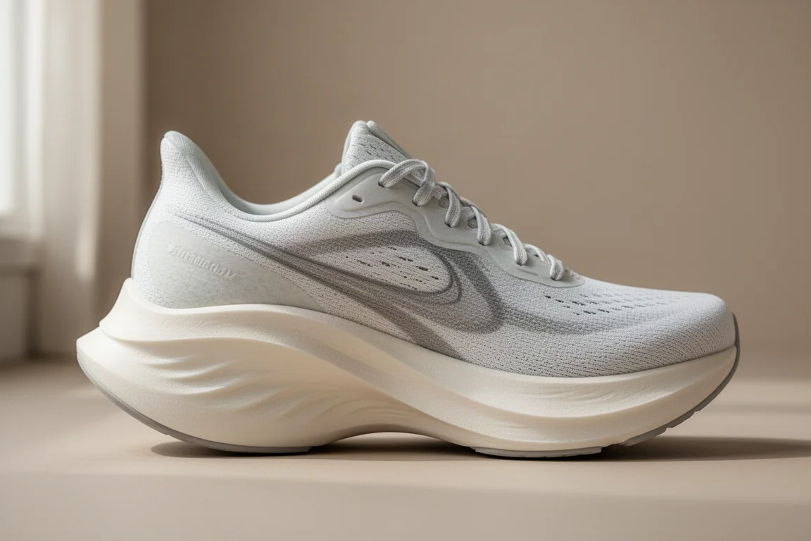 Close-up of a stiff rocker-style running shoe midsole from heel to toe