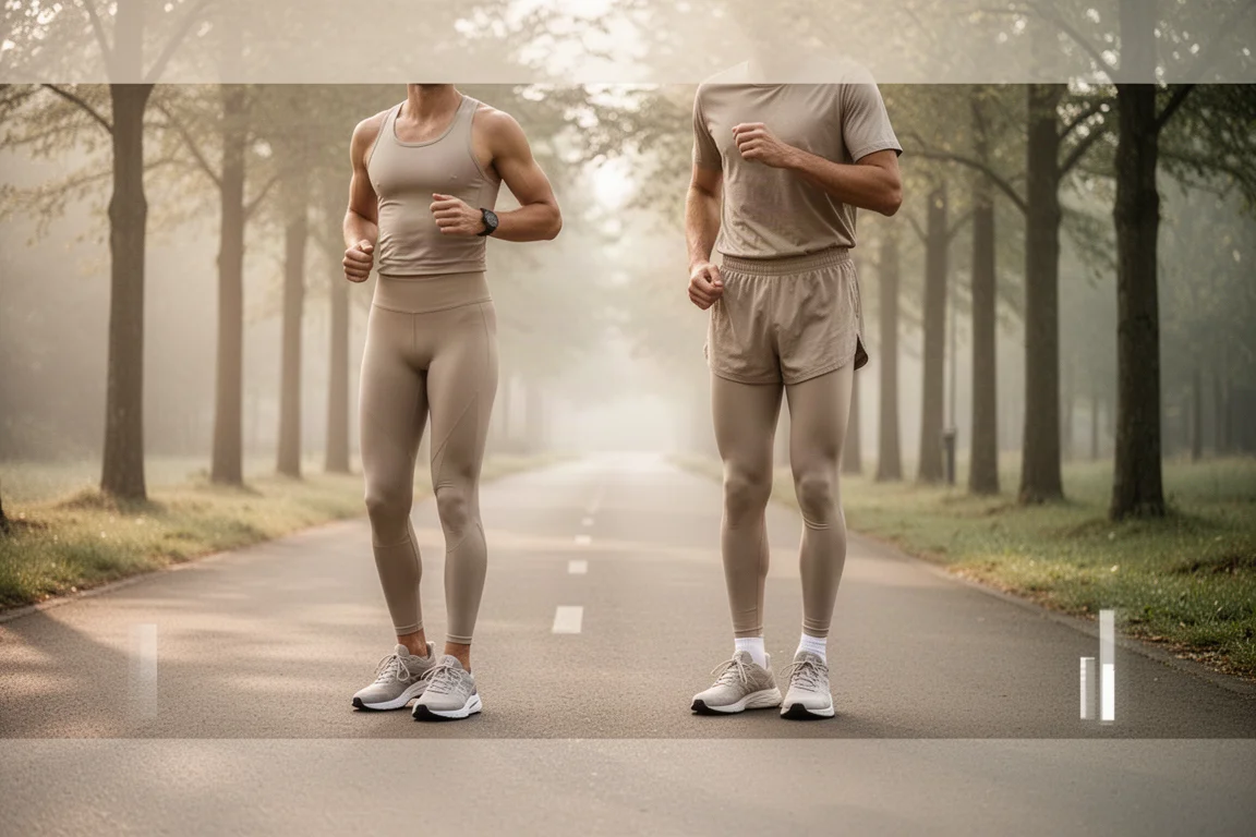 Runner standing relaxed beside a running path in soft morning light