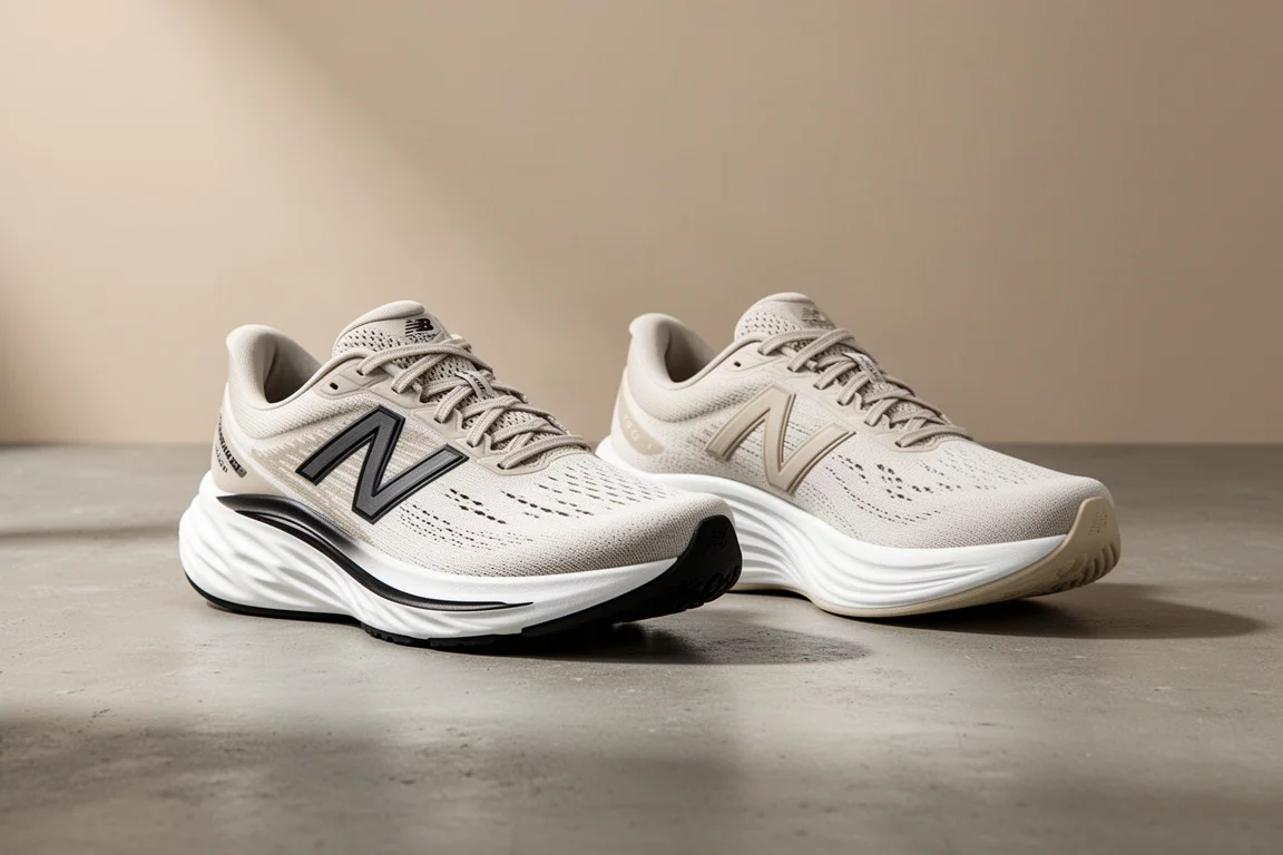 Two tall-stacked New Balance running shoes side by side on concrete