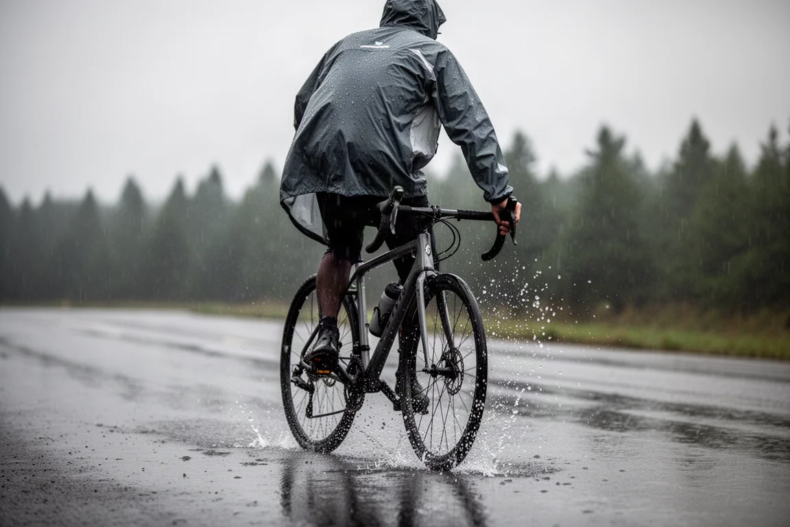 Cyklist som åker nedför en våt väg i regn med vattenstänk från bakhjulet