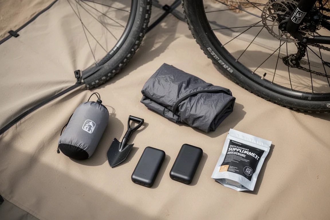 Camping- och bikepackingutrustning prydligt utlagd på ett underlägg bredvid ett cykelhjul