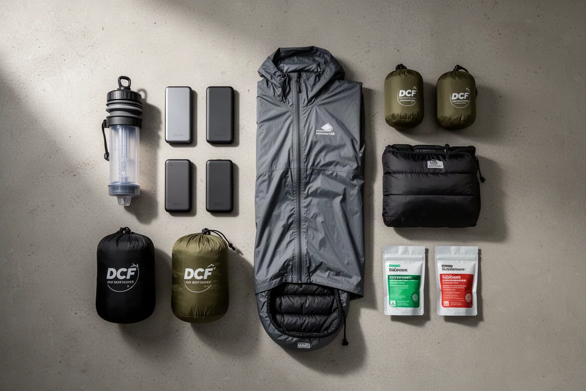 Flat-lay of bikepacking gear including a water filter, power banks, a rain shell and DCF bags