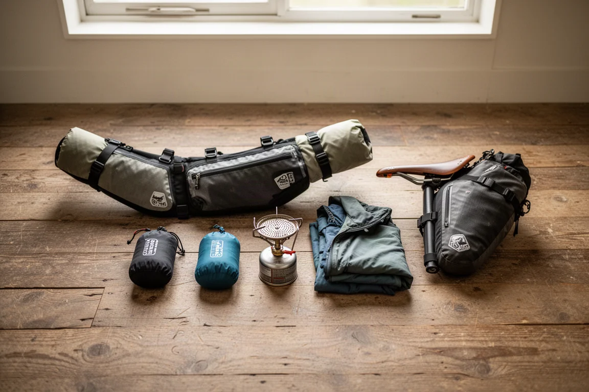 Bolsas de bikepacking e pequenos sacos estanques dispostos no chão de madeira para arrumação