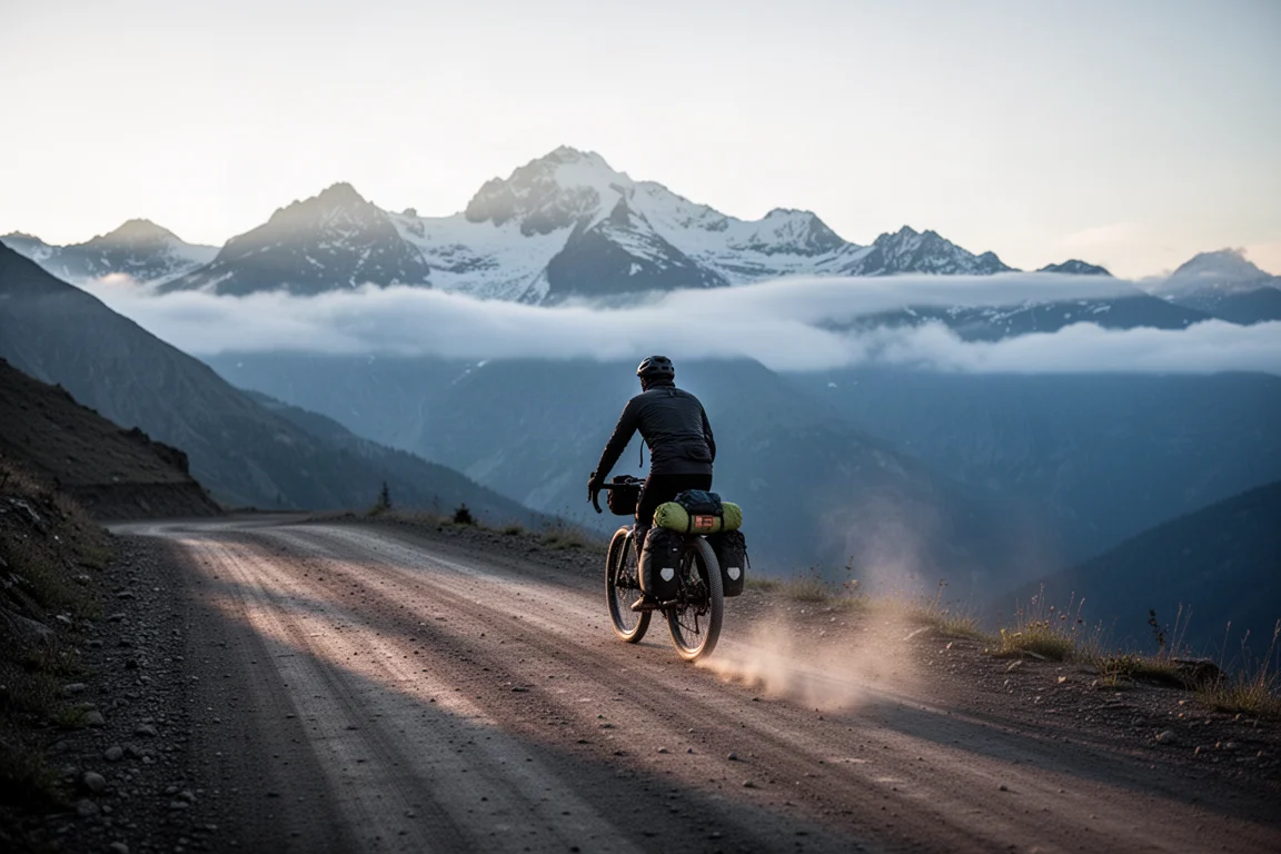 Bikepacker pedalando uma gravel carregada em estrada de terra de alta montanha ao amanhecer
