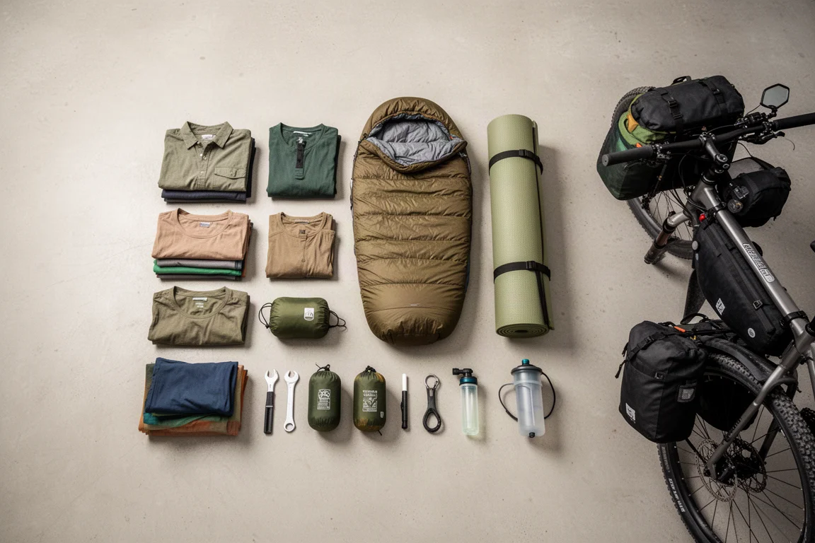 Vista de cima de um kit completo de bikepacking disposto em fileiras no chão de concreto