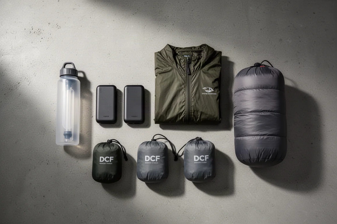 Kompakte Bikepacking-Ausrüstung von oben auf Beton arrangiert, darunter eine Filterflasche, Powerbanks, eine Regenjacke und Stuff Sacks