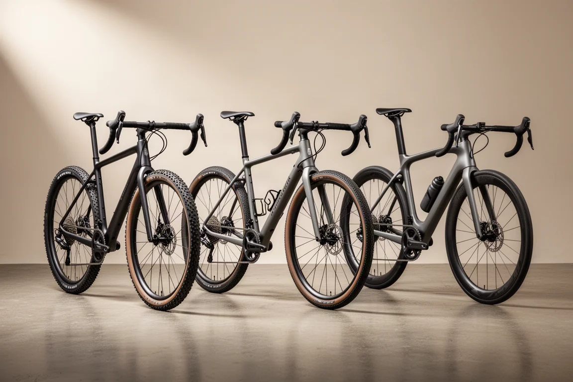 Tre biciclette affiancate su un pavimento di cemento in studio: una bici gravel in carbonio, una bici gravel in alluminio e una bici da strada aerodinamica