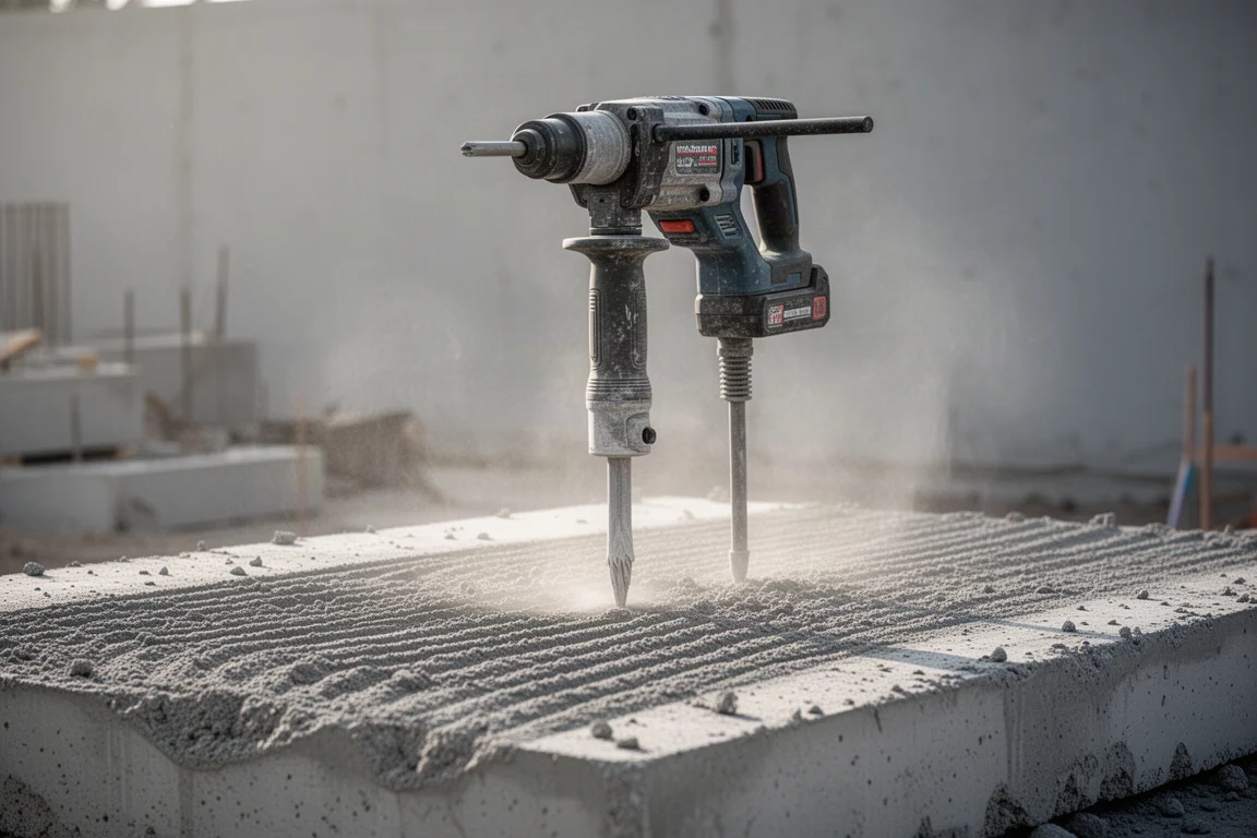 Demolitore a batteria in piedi su una lastra di calcestruzzo in un cantiere alla luce del giorno