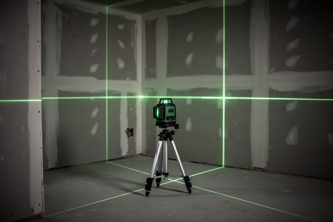 Livello laser verde che proietta linee incrociate luminose in una stanza buia
