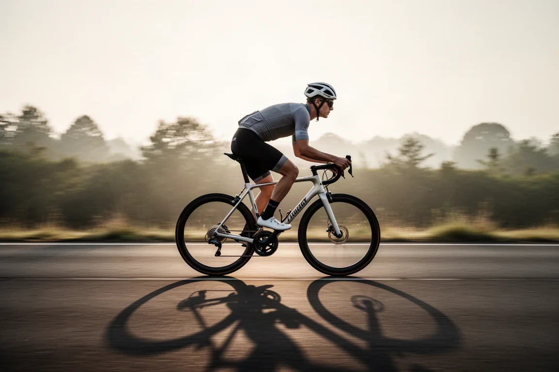 Indoor-Trainings-Setup mit einem Rennrad auf einem Direct-Drive-Trainer in einem hellen Raum