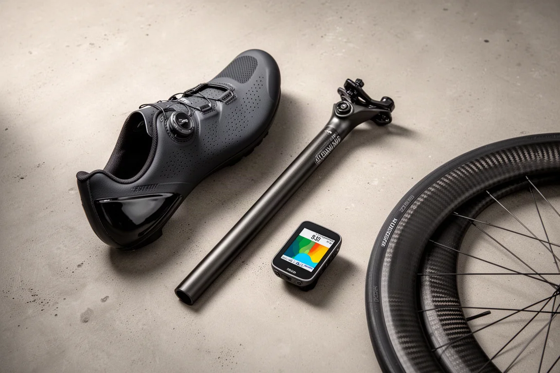 Flat lay van wieleruitrusting met een carbon cockpit, een wiel met hoge velg, pedalen en een helm