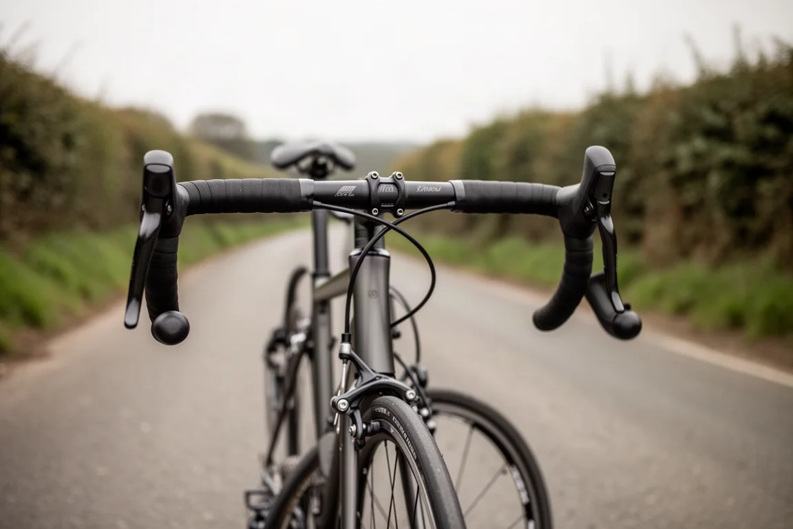 Close-up of a very narrow road bike handlebar with short drops on open tarmac