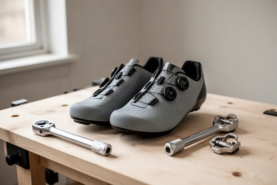 Pair of road cycling shoes on a workshop bench beside a torque wrench and cleats