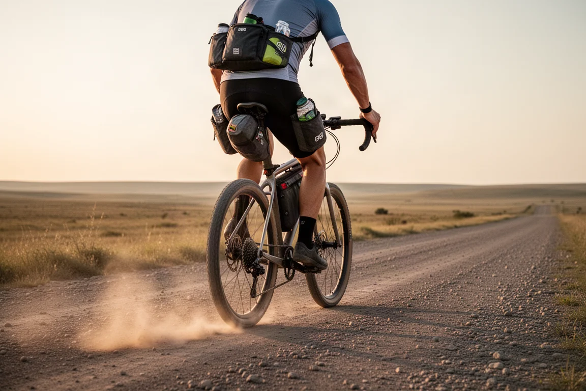 Cyclist riding a gravel road at golden hour with loaded jersey and thigh pockets