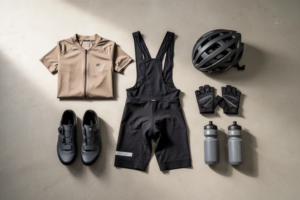 Flat-lay of cycling essentials including jersey, bib shorts, shoes, helmet and bottles