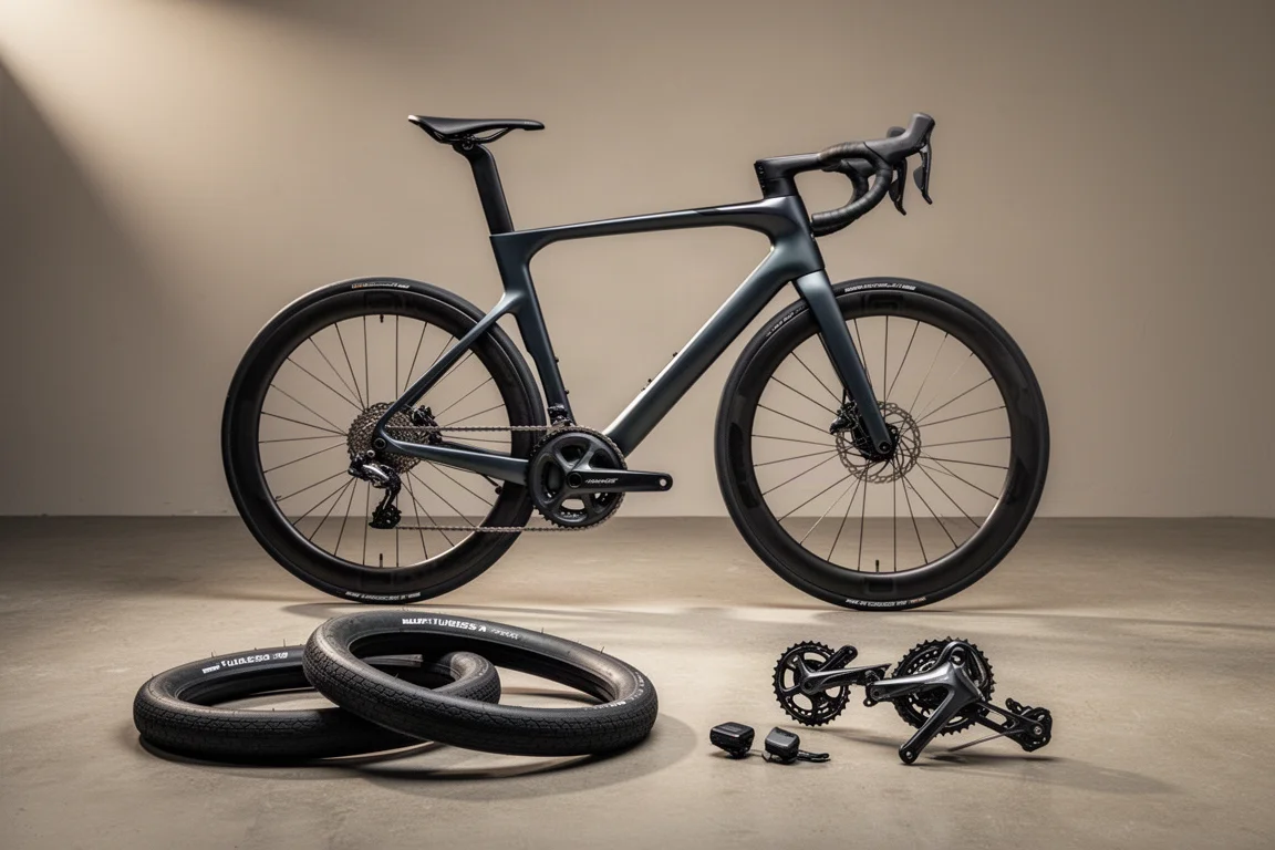 Road cycling equipment arranged on a concrete surface for a new tech roundup