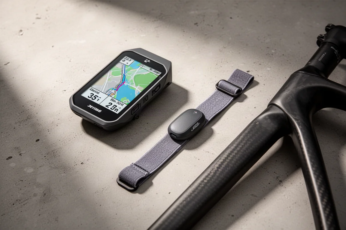 Flat-lay van carbon crankstel, aerowielen, racefietsframe, leren tas en een horloge